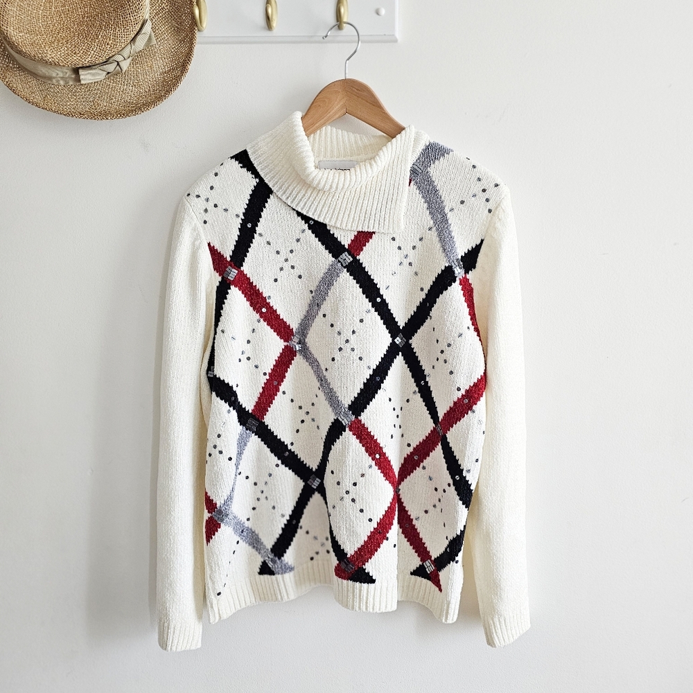 Vintage Alfred Dunner Argyle Sequin Sweater | Size L | Ivory Turtleneck Knit